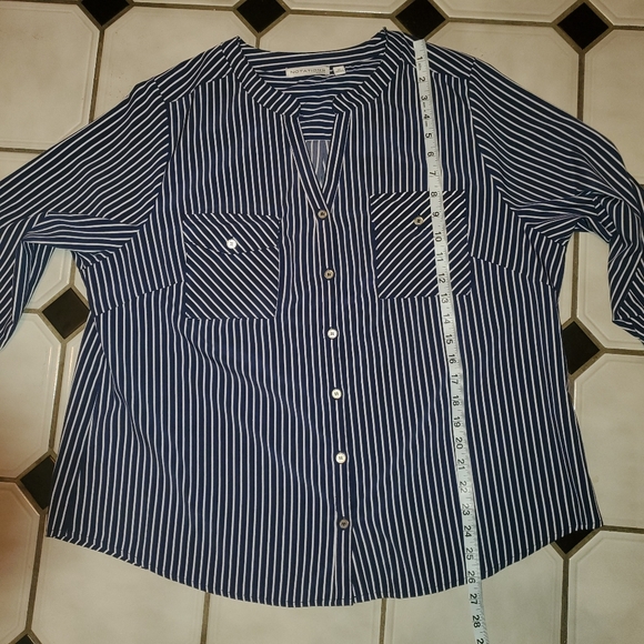 Notations Woman Roll Tab Sleeve Striped Button Down, Size: 1X, Navy & White - Picture 11 of 12